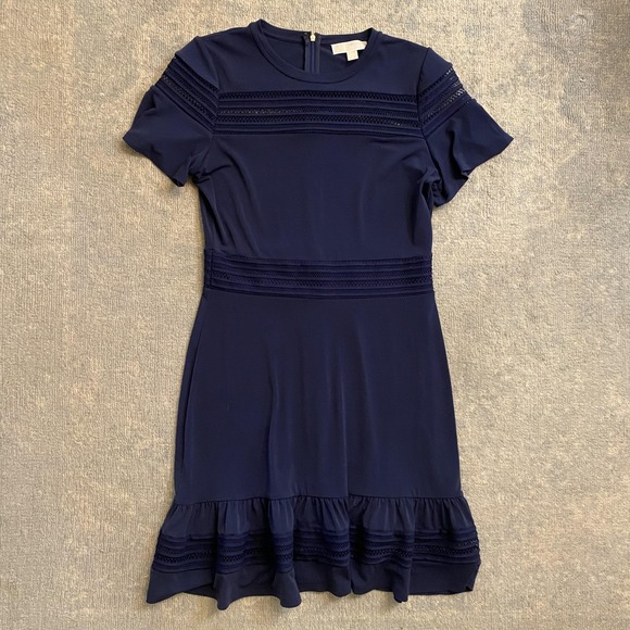 Michael Kors Dresses & Skirts - Michael Michael Kors Dress Womens Large Navy Lace Trim Ruffle Hem Short Sleeve